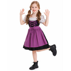 The Munich Oktoberfest Kids Girls Purple Short Sleeve Maid Dress Apron 2 Piece Set Cosplay Outfits Halloween Party Suit