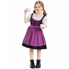 The Munich Oktoberfest Kids Girls Purple Short Sleeve Maid Dress Apron 2 Piece Set Cosplay Outfits Halloween Party Suit