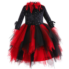 Vampire Witch Cosplay Red Mesh Dress For Kids Girls Outfits Halloween Party Suit