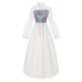 Vintage Palace Style Medieval Retro White Women Lace-up Floral Belt Dress Cosplay Costume Outfits Halloween Carnival Suit