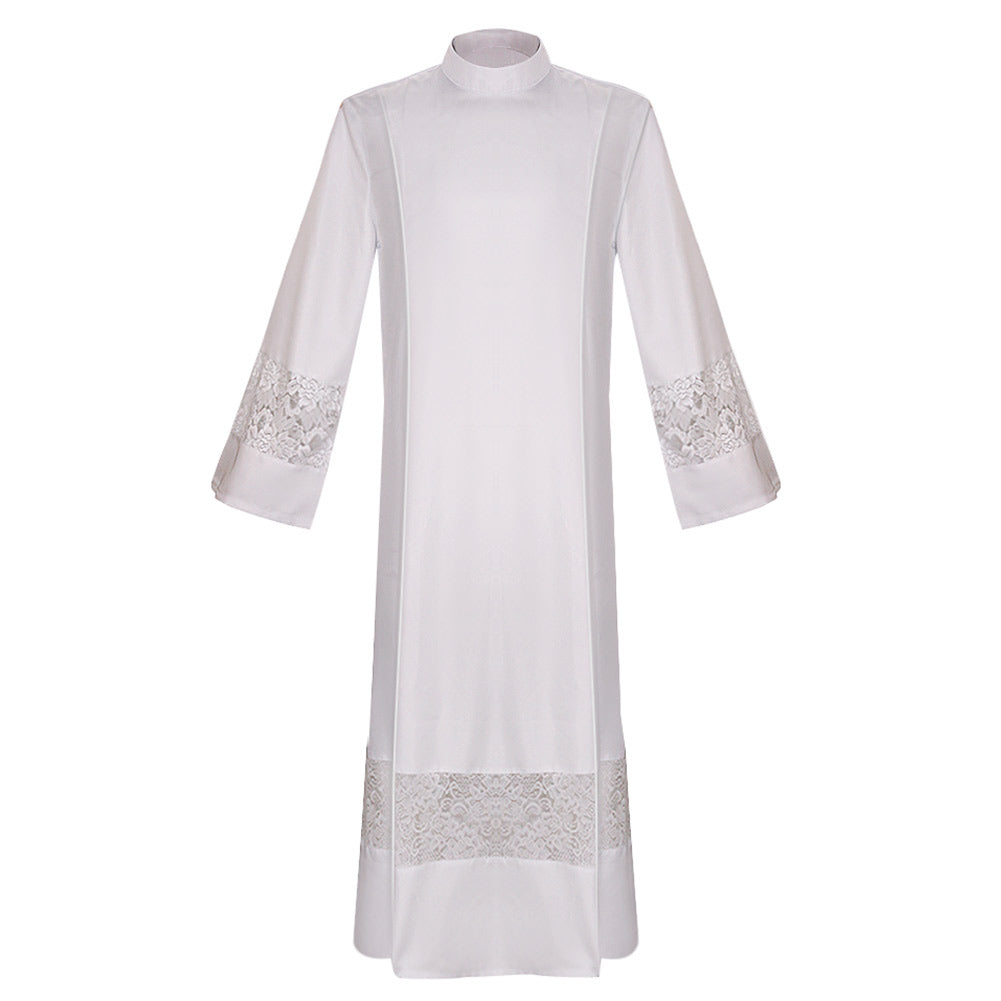 White Sheer Lace Pastor Uniform God Father Robe Cosplay Costume Outfits Halloween Carnival Suit