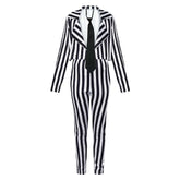 Women Black and White Vertical Striped Suit Zombie Cosplay Costume Outfits Halloween Carnival Suit