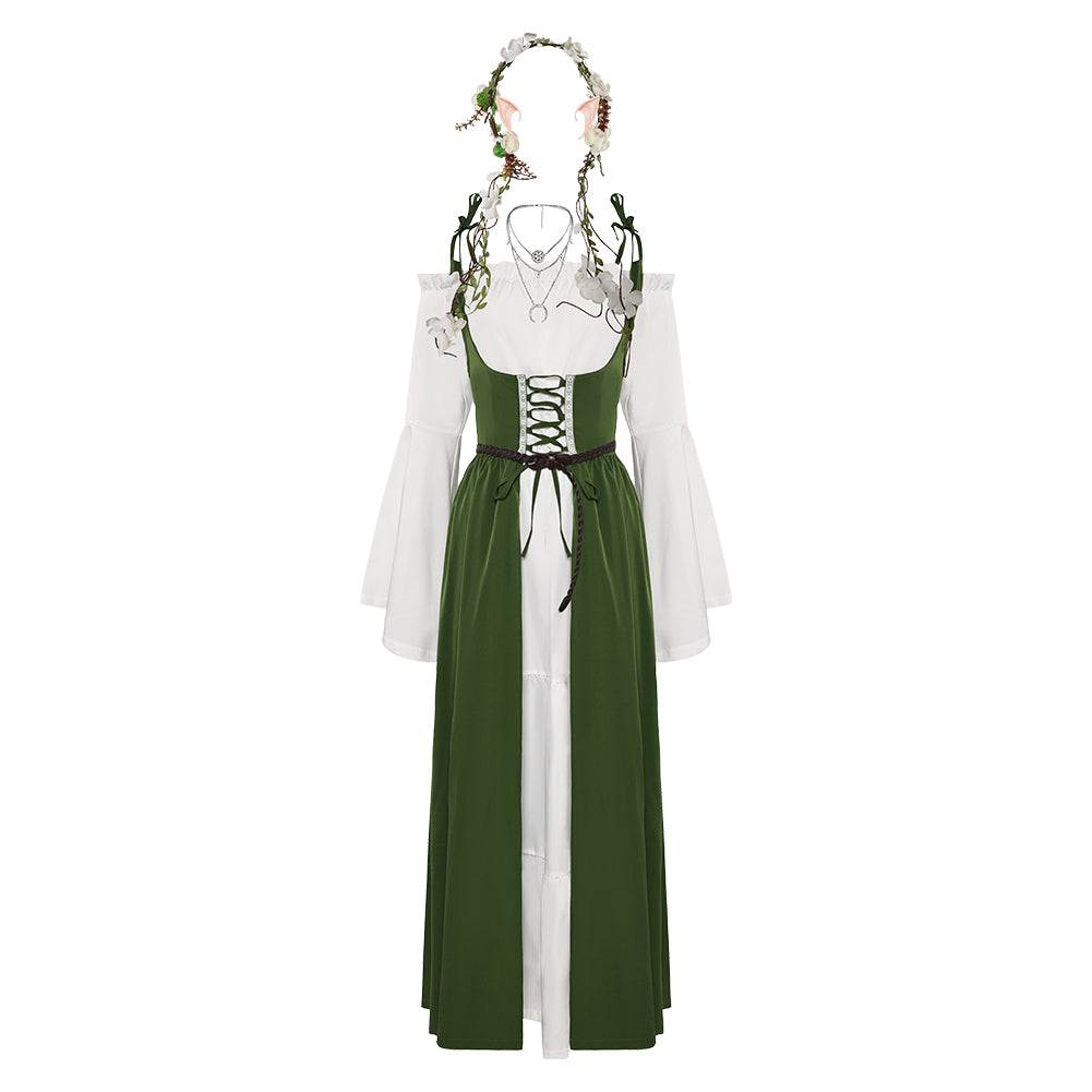 Women Ladies Renaissance Retro 6 Piece Set Green Dress Cosplay Costume Outfits Halloween Carnival Suit