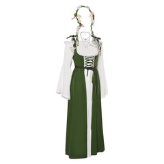 Women Ladies Renaissance Retro 6 Piece Set Green Dress Cosplay Costume Outfits Halloween Carnival Suit