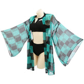 Women Demon Slayer: Kimetsu no Yaiba Kamado Tanjirou Cosplay Two Piece V Neck Bathing Suit Swimsuit with Sheer Kimono Cardigan Cover Up - INSWEAR