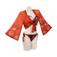 Women Genshin Impact Kaedehara Kazuha Cosplay Two Piece Swimsuit with Sheer Kimono Cardigan Cover Up - INSWEAR