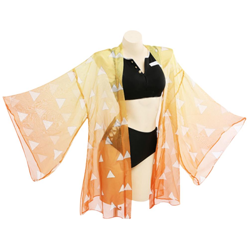 Women Demon Slayer: Kimetsu no Yaiba Agatsuma Zenitsu Cosplay Two Piece V Neck Bathing Suit Swimsuit with Sheer Kimono Cardigan Cover Up - INSWEAR