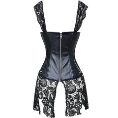 Women's Steampunk Gothic Faux Leather Bustier Corset with Lace Skirt - INSWEAR