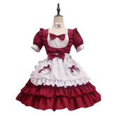 Women Halloween Japanese Cute Lolita Dress Red Bow Ruffle Cafe Maid Outfit Puff Dress - INSWEAR
