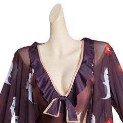 Women Genshin Impact Hutao Cosplay One Piece V Neck Bathing Suit Swimsuit with Sheer Kimono Cardigan Cover Up - INSWEAR
