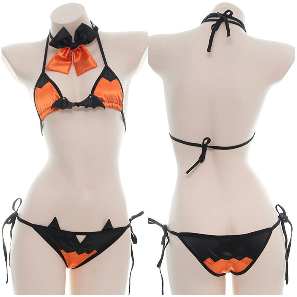 Pumpkin Bat Bikini Shorts Set Cosplay Costume Outfits Halloween Carnival Suit - INSWEAR