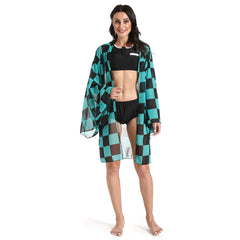 Women Demon Slayer: Kimetsu no Yaiba Kamado Tanjirou Cosplay Two Piece V Neck Bathing Suit Swimsuit with Sheer Kimono Cardigan Cover Up