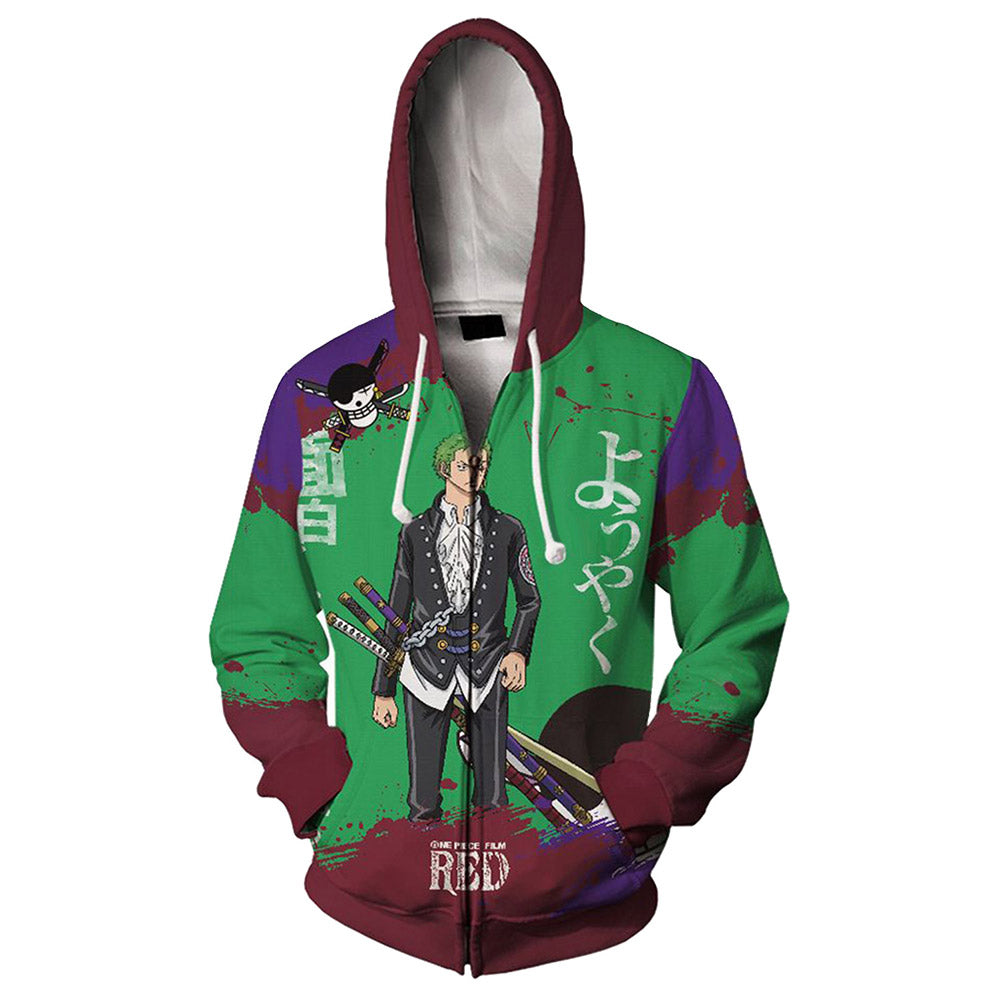 Unisex ONE PIECE FILM RED Hoodies Roronoa Zoro Printed Cosplay Hooded Sweatshirt Casual Streetwear Zip Up Hoodie - INSWEAR