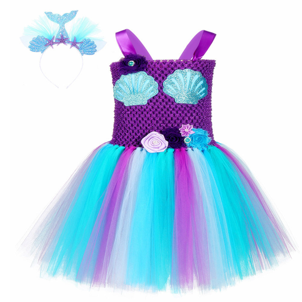 Girls Mermaid Tutu Dress with Headband Mermaid Purple Tutu Dress Tulle Costume Outfit - INSWEAR