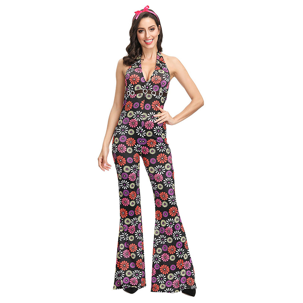Women's Retro 1970's Hippie Dippie Jumpsuit Adults 70s Flower Power Hippy Suits - INSWEAR