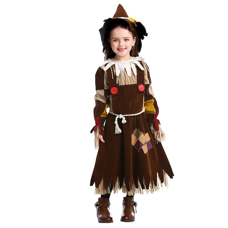 Girls Halloween Pumpkin Patchwork Scarecrow Cosplay Horror Costume - INSWEAR