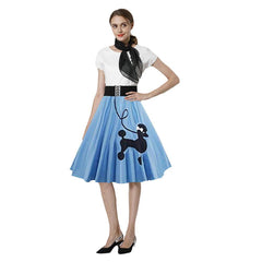 Retro Poodle Print High Waist Skater Vintage Rockabilly Swing Tee Cocktail Dress - INSWEAR