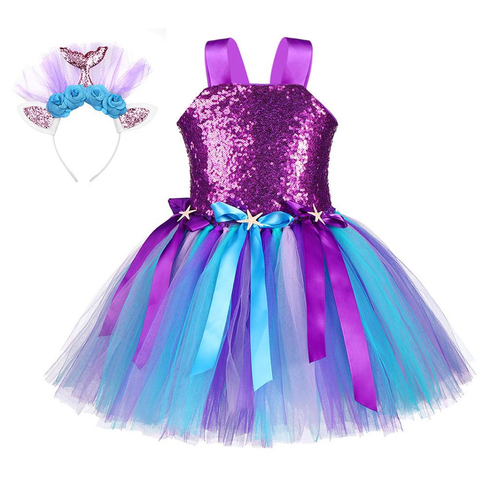 Princess Girls Mermaid Tutu Dress Kids Sparkle Sequin Purple Starfish Birthday Party Dresses Halloween Costume - INSWEAR