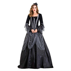 Women Long Dresses Elegant Halloween Party Cosplay Costume Vintage Witch Long Sleeve Maxi Dress - INSWEAR