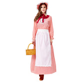 Women American Pioneer Colonial Dress Prairie Costume with Bonnet Red - INSWEAR