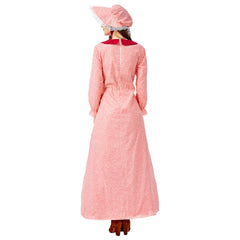 Women American Pioneer Colonial Dress Prairie Costume with Bonnet Red - INSWEAR