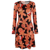 Women's Christmas Gingerbread Print Pullover Flared A Line Dress - INSWEAR