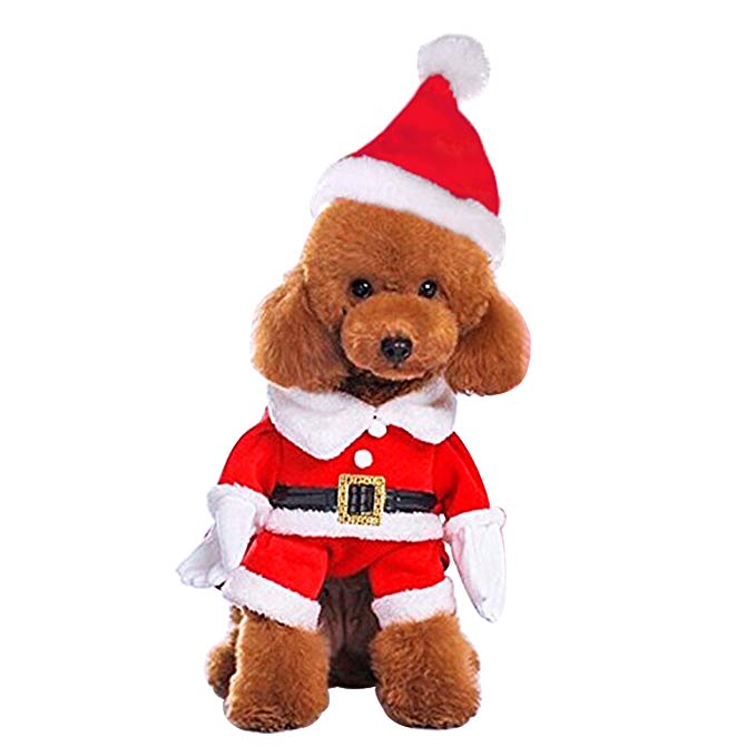 Funny Pet Santa Cosplay Costumes Suit with a Cap, Puppy Fleece Outfits Warm Coat Animal Festival Apparel Clothes - INSWEAR