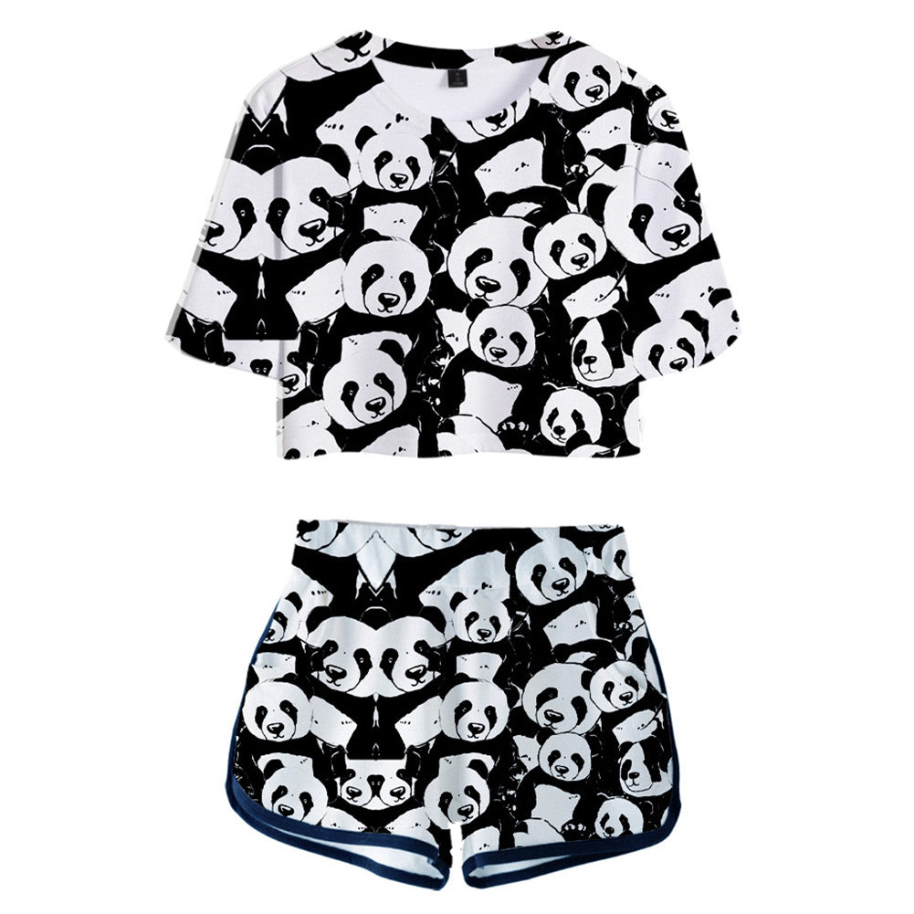 Women Crop Top & Shorts Set Animal Panda Printed Summer 2 Pieces Casual Clothes - INSWEAR