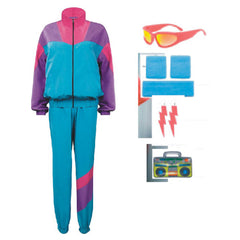 80s Tracksuit Blue-Purple 8-Piece Set Windbreaker Adult Cosplay Costume Fancy Outfit Halloween Carnival Suit