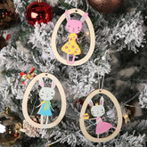 3pcs Easter Wood Garland Easter Hanging Ornaments with Rustic Linen Tassels and Bunny Egg Pendant - INSWEAR