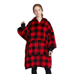 Kids Black Red Plaid Wearable Hoodie Blankets Oversized Lightweight Warm Cozy Blanket Hoodie Sweatshirt - INSWEAR