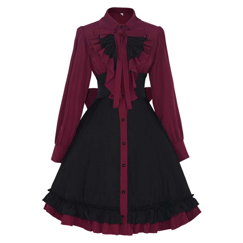 Scarlet with Black Lace Victorian Style Gothic Women Dress Cosplay Costume Outfits Halloween Carnival Suit