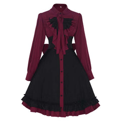 Scarlet with Black Lace Victorian Style Gothic Women Dress Cosplay Costume Outfits Halloween Carnival Suit