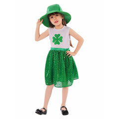 St. Patrick's Day Kids Girls Lucky Irish Clover Holiday Cosplay Sequin Dress Costume Outfits Halloween Carnival Suit
