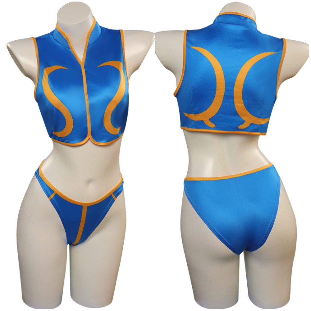 Street Fighter Chun-Li Cosplay Two Piece Swimsuit with Sheer Kimono Cardigan Cover Up Original Design