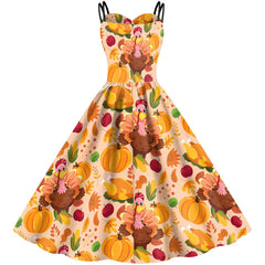 Women Dress Thanksgiving Day Series Turkey and Pumpkin Printed Dress Outfits