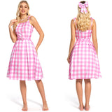 2023 Movie Margot Robbie Pink Plaid Long Dress Outfits Cosplay Costume
