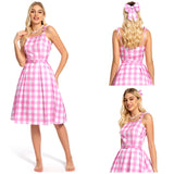 2023 Movie Margot Robbie Pink Plaid Long Dress Outfits Cosplay Costume