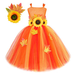 2024 Autumn Maple Leaves Sunflower Girls Princess Dress Cosplay Outfits Halloween Party Suit