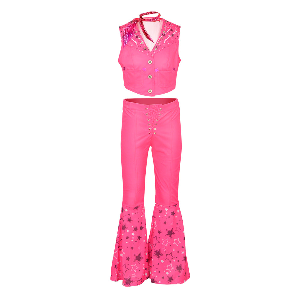 2023 Movie Kids Girls Pink Flared Pants Set Cosplay Costume 70S 80S Retro Hippes Outfits