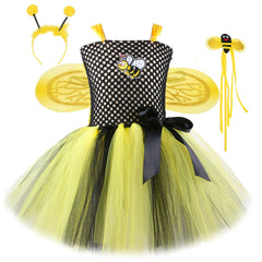 4 Piece Kids Girls Mesh Tutu Yellow Skirt Bee Wings Props Set Cosplay Costume Outfits Halloween Carnival Suit