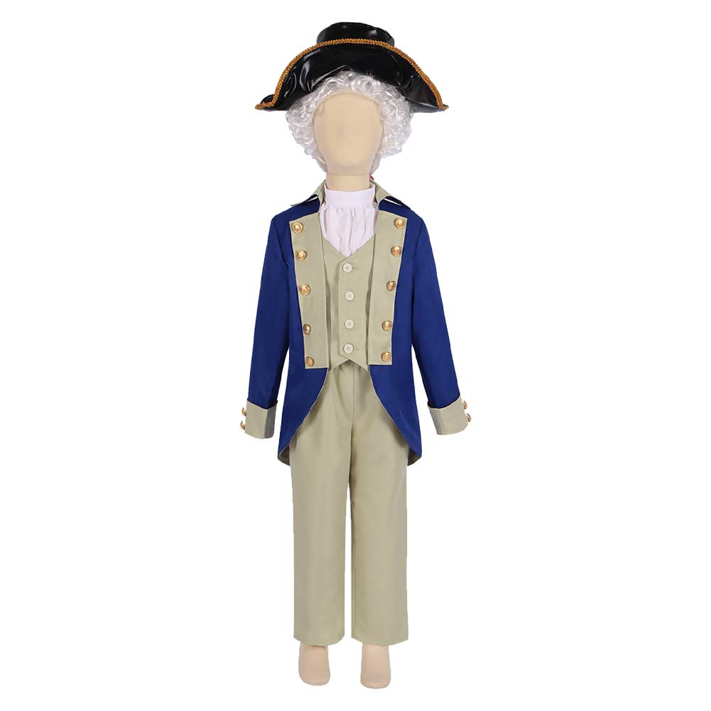 5 Piece Full Set President George Washington Kids Children Cosplay Colonial Blue Uniform Costume Outfits Halloween Carnival Suit