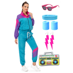 80s Tracksuit Blue-Purple 8-Piece Set Windbreaker Adult Cosplay Costume Fancy Outfit Halloween Carnival Suit