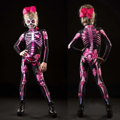 Kids Girls Skull Bones Floral Printed Jumpsuit Cosplay Outfits Halloween Party Suit