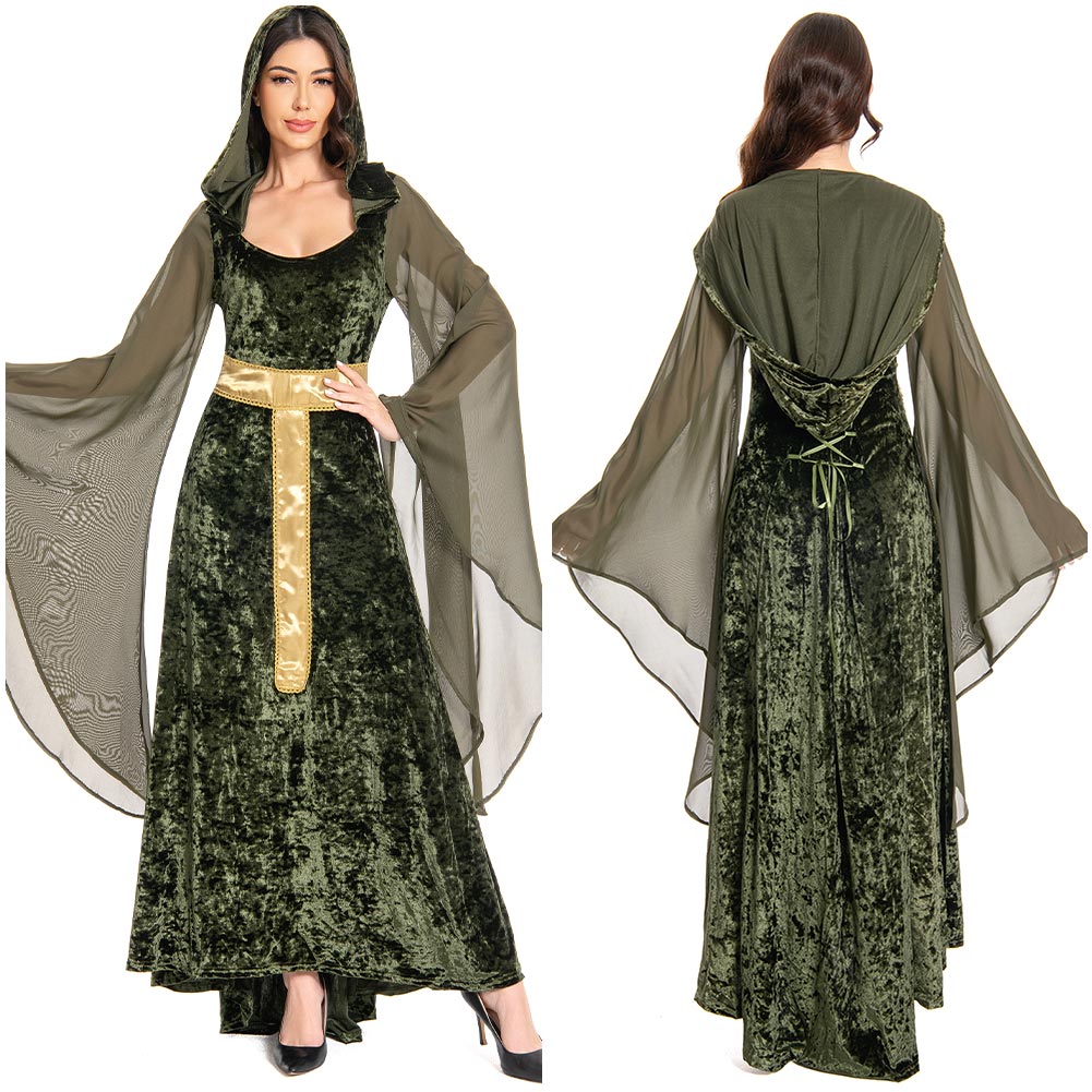 Medieval Retro Trumpet Sleeves Hooded Women Dress Halloween Cosplay Co ...
