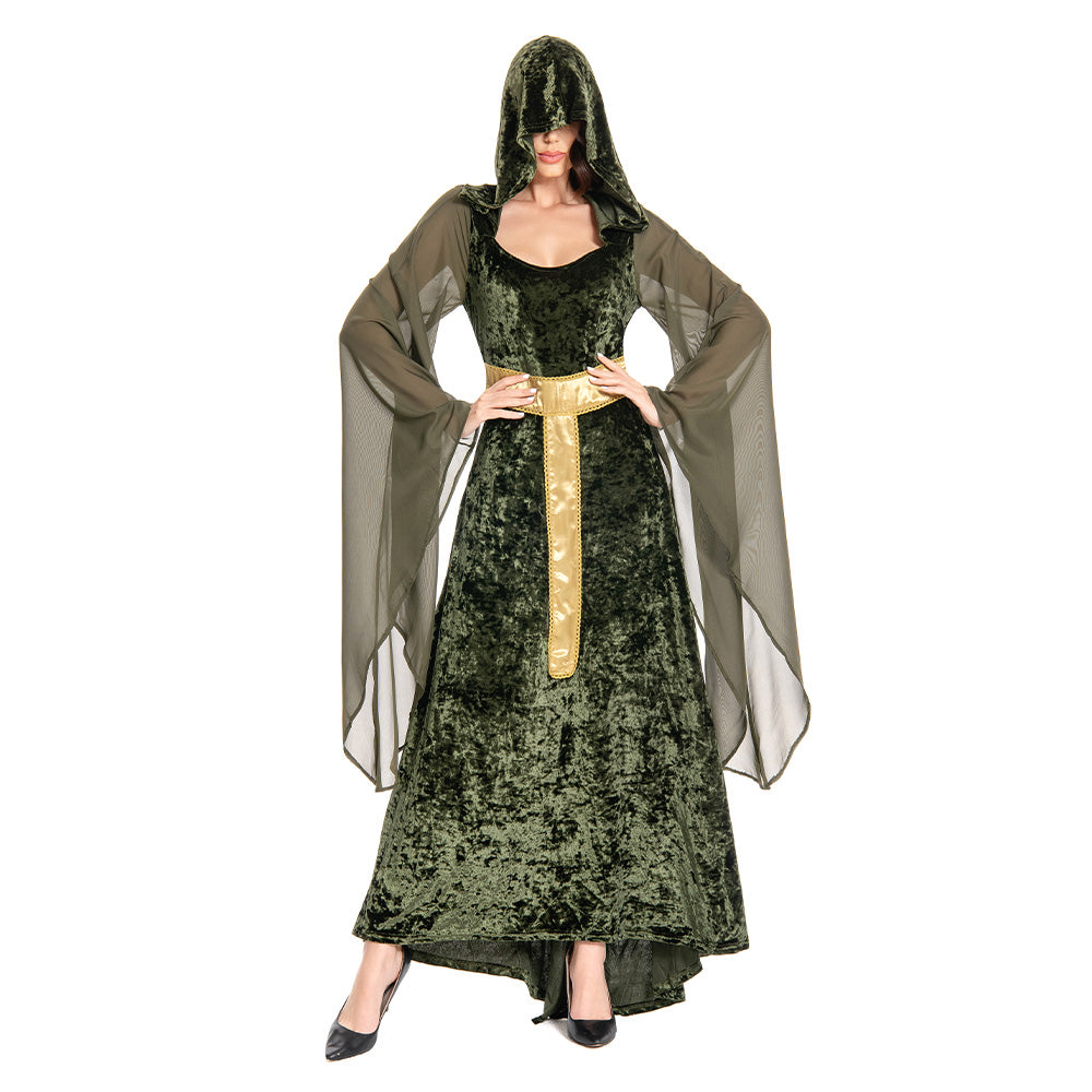 Medieval Retro Trumpet Sleeves Hooded Women Dress Halloween Cosplay Co ...