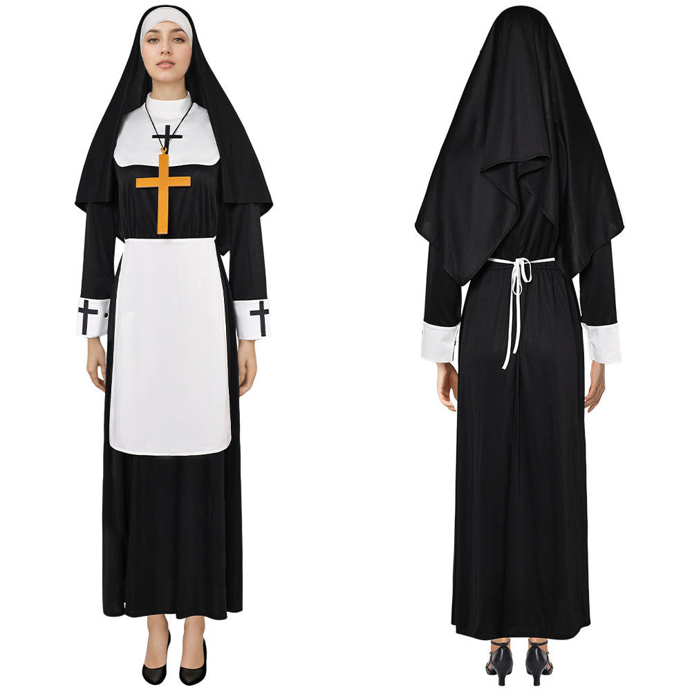 Medieval Women Nun Cosplay Robe 4 Pieces Set Halloween Church Suit ...
