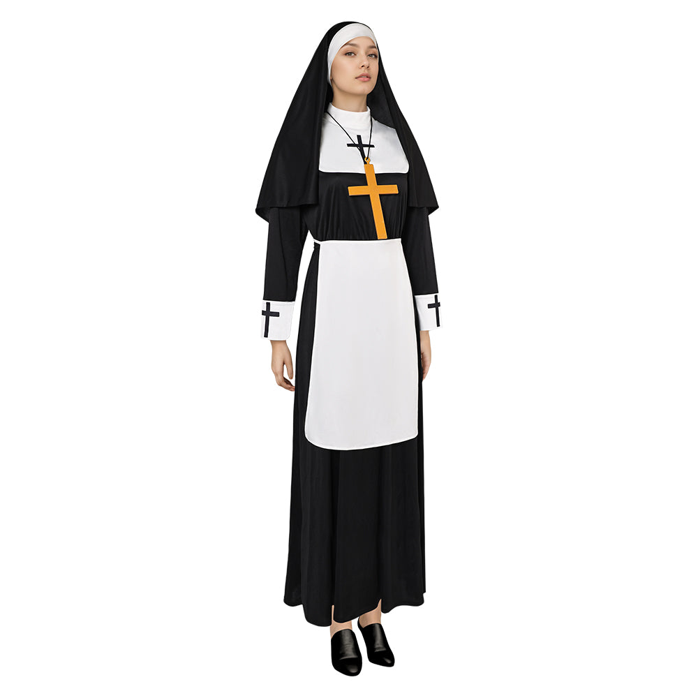 Medieval Women Nun Cosplay Robe 4 Pieces Set Halloween Church Suit ...