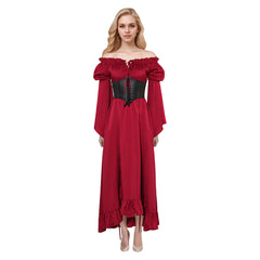 Medieval Women Red Dress 2 Piece Set Cosplay Outfits Halloween Party Suit