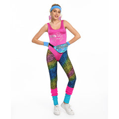Retro 1980S Pink Disco Style Fitness Clothing 7 Piece Jumpsuit Accessories Set Cosplay Costume Outfits Halloween Carnival Suit